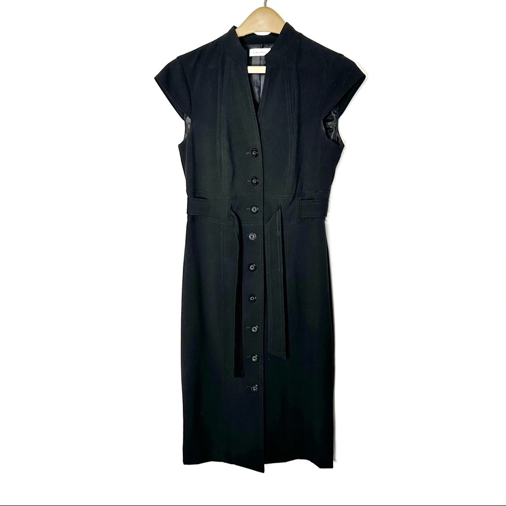 Vtg Calvin Klein Sleeveless Black Dress Sz S 6 - 15x40” Rn 54163 Buttons Belt